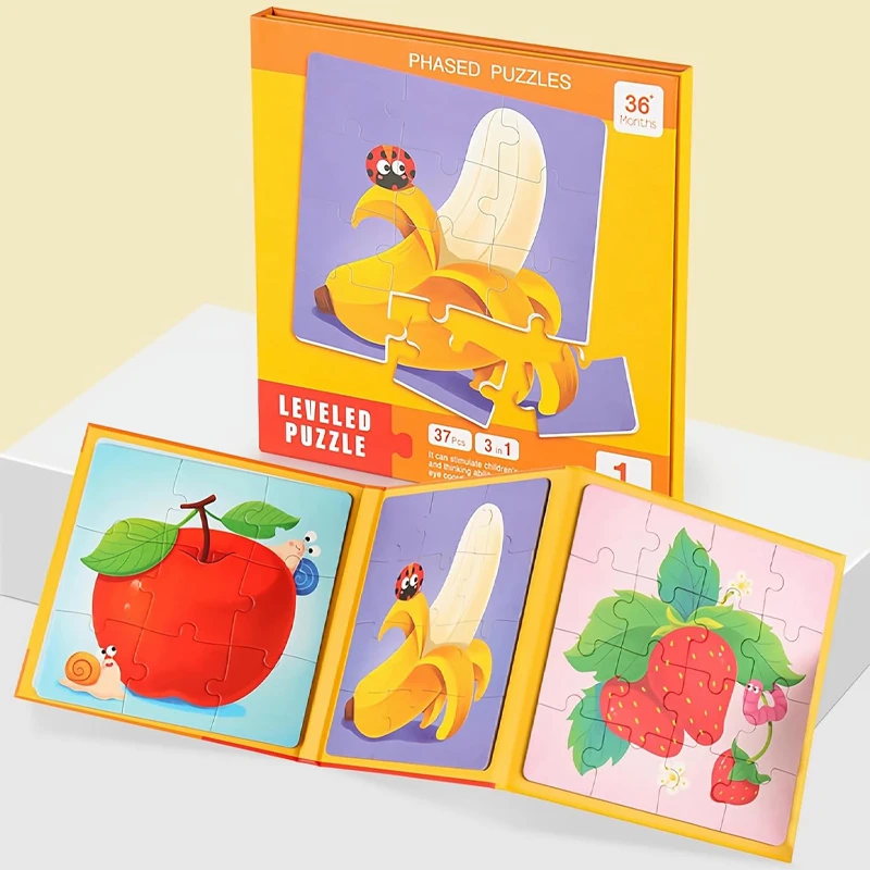 LEVELED PUZZLE - 3 in 1 Phased Magnetic Puzzle, Fruits Puzzles 37 PCs Preschool STEM Learning - Suitable for Ages 3 Years & Up (Step 1 B)